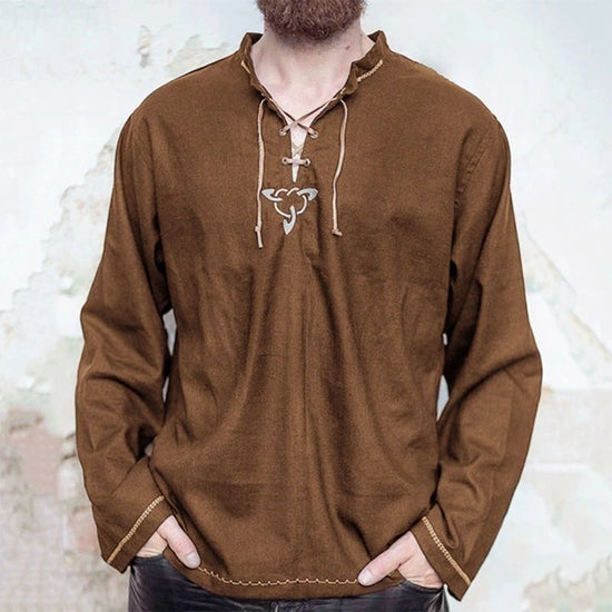 Men’s Stand Collar Long Sleeve T-Shirt – Casual Tie Neck Pullover Top men-tshirt AllTrendMart Dark Brown M