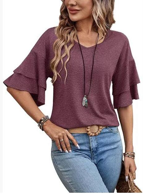 Women’s V-Neck Ruffle Sleeve T-Shirt – Loose Fit Casual Mid Sleeve Top women-tshirt AllTrendMart Purple L