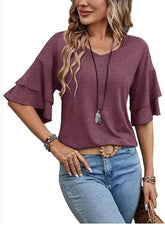 Women’s V-Neck Ruffle Sleeve T-Shirt – Loose Fit Casual Mid Sleeve Top women-tshirt AllTrendMart Purple L