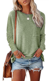 Women’s Long Sleeve Pocket T-Shirt – Cotton Blend Casual Split Hem Top women-tshirt AllTrendMart Olive green S