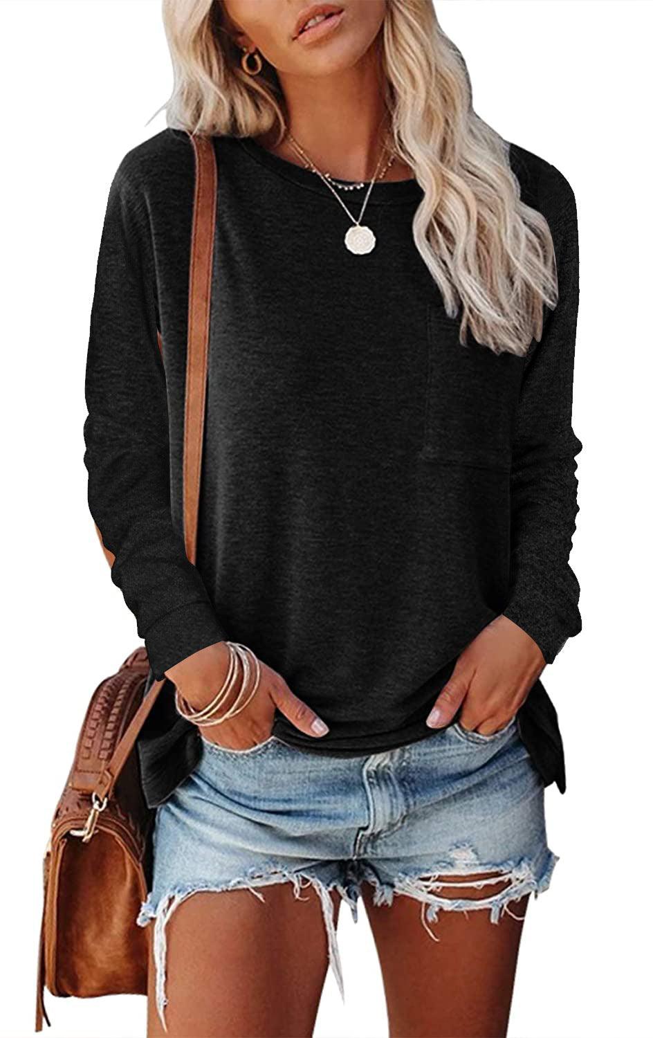 Women’s Long Sleeve Pocket T-Shirt – Cotton Blend Casual Split Hem Top women-tshirt AllTrendMart Black S