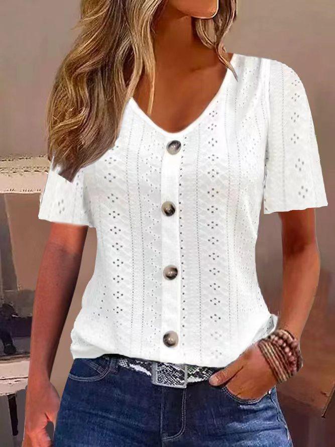 Women’s Jacquard V-Neck Button T-Shirt – Short Sleeve Casual Top women-tshirt AllTrendMart White S