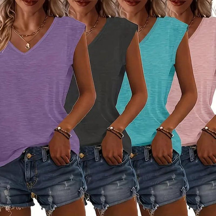 Women’s 4-Pack V-Neck T-Shirts – Soft Stretch Casual Short Sleeve Tees women-tshirt AllTrendMart Pink Blue Grey Purple S