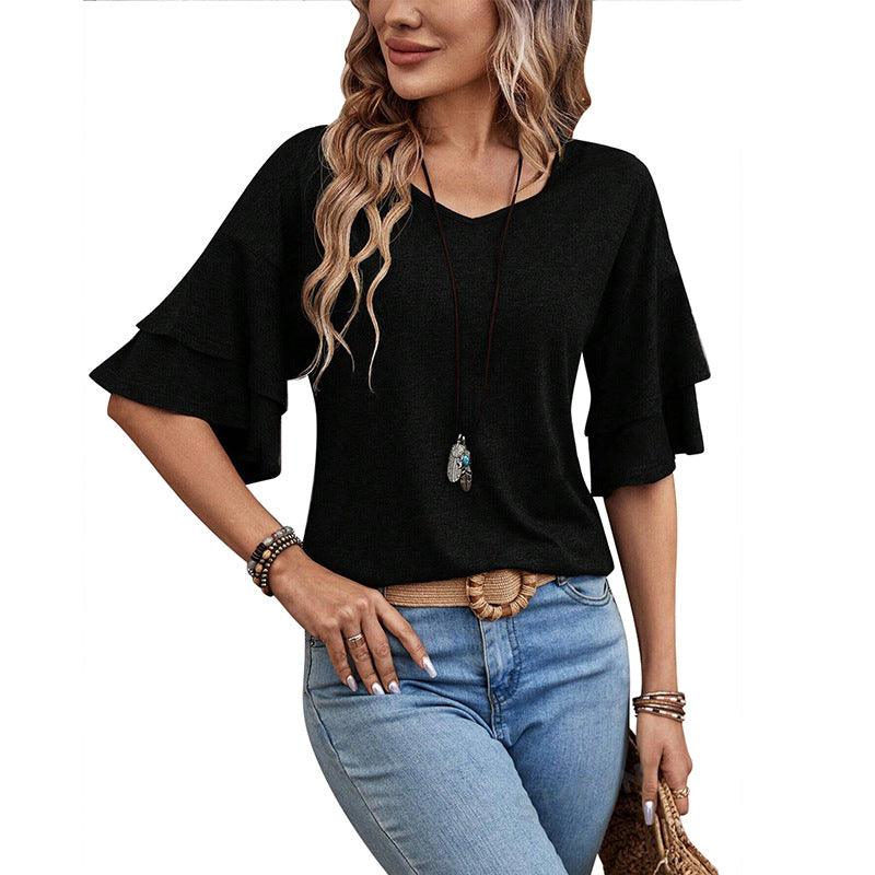 Women’s V-Neck Ruffle Sleeve T-Shirt – Loose Fit Casual Mid Sleeve Top women-tshirt AllTrendMart Black S