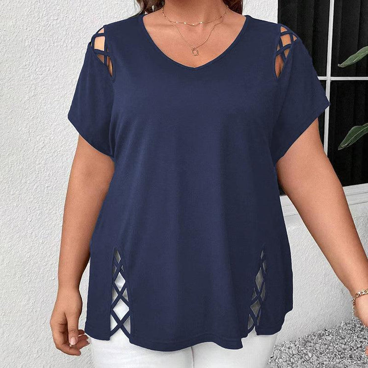 Women’s Plus Size Criss Cross V-Neck T-Shirt – Short Sleeve Casual Top women-tshirt AllTrendMart Navy Blue 0XL