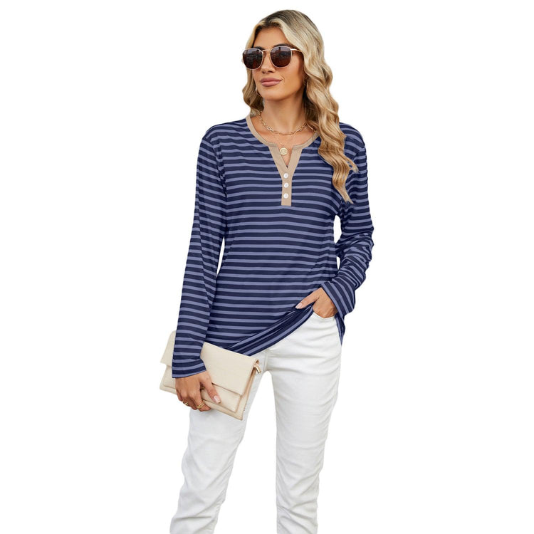 Women’s Striped V-Neck Long Sleeve T-Shirt – Loose Fit Casual Top women-tshirt AllTrendMart Dark Stripes Navy Blue S