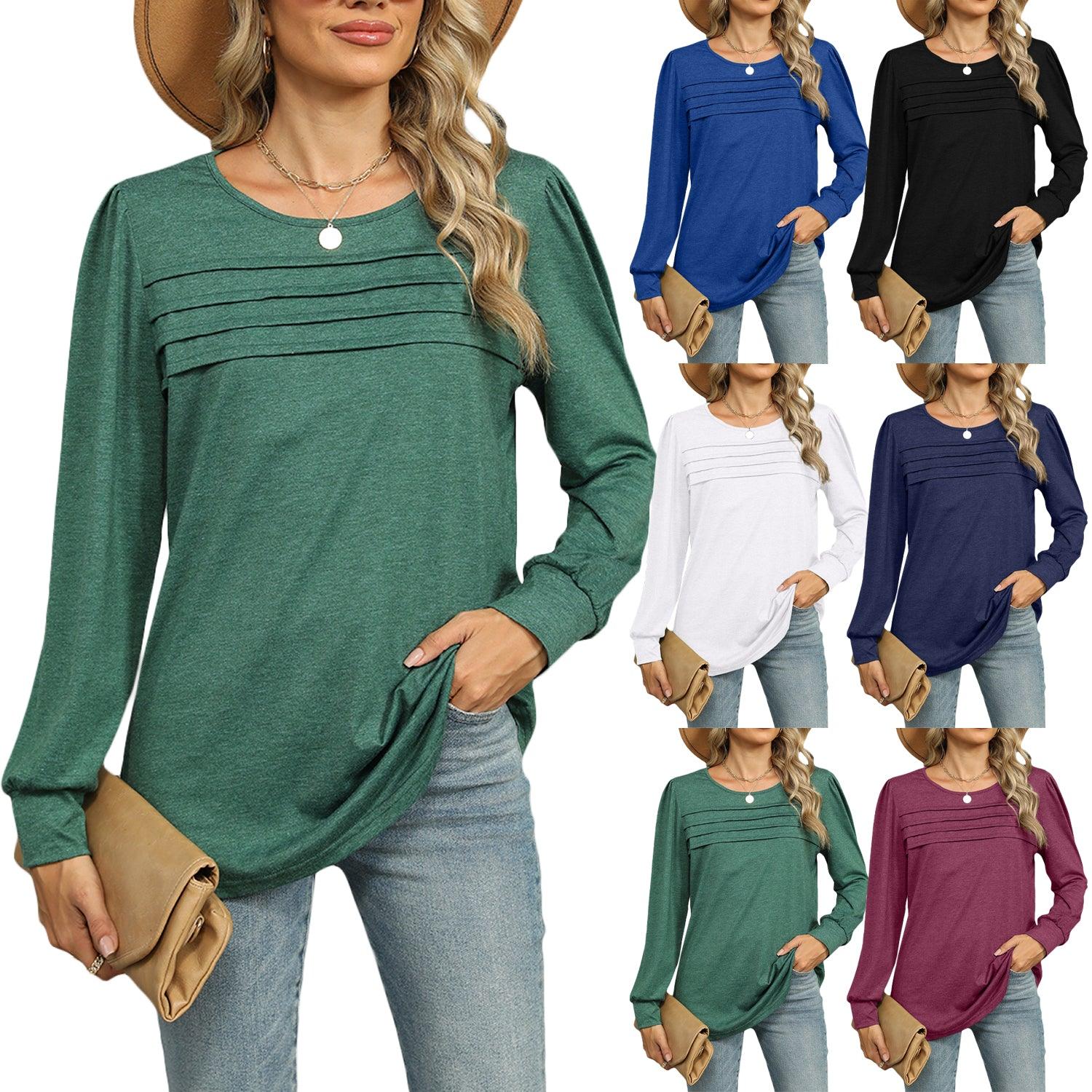 Women’s Pleated Long Sleeve Top – U-Neck Casual Solid Color T-Shirt women-tshirt AllTrendMart