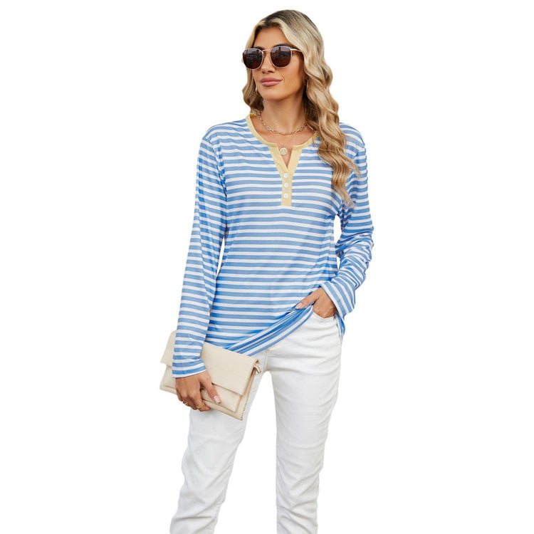 Women’s Striped V-Neck Long Sleeve T-Shirt – Loose Fit Casual Top women-tshirt AllTrendMart White Stripes Sky Blue S