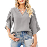 Women’s Petal Sleeve V-Neck T-Shirt – Loose Casual Chiffon Top women-tshirt AllTrendMart Gray S