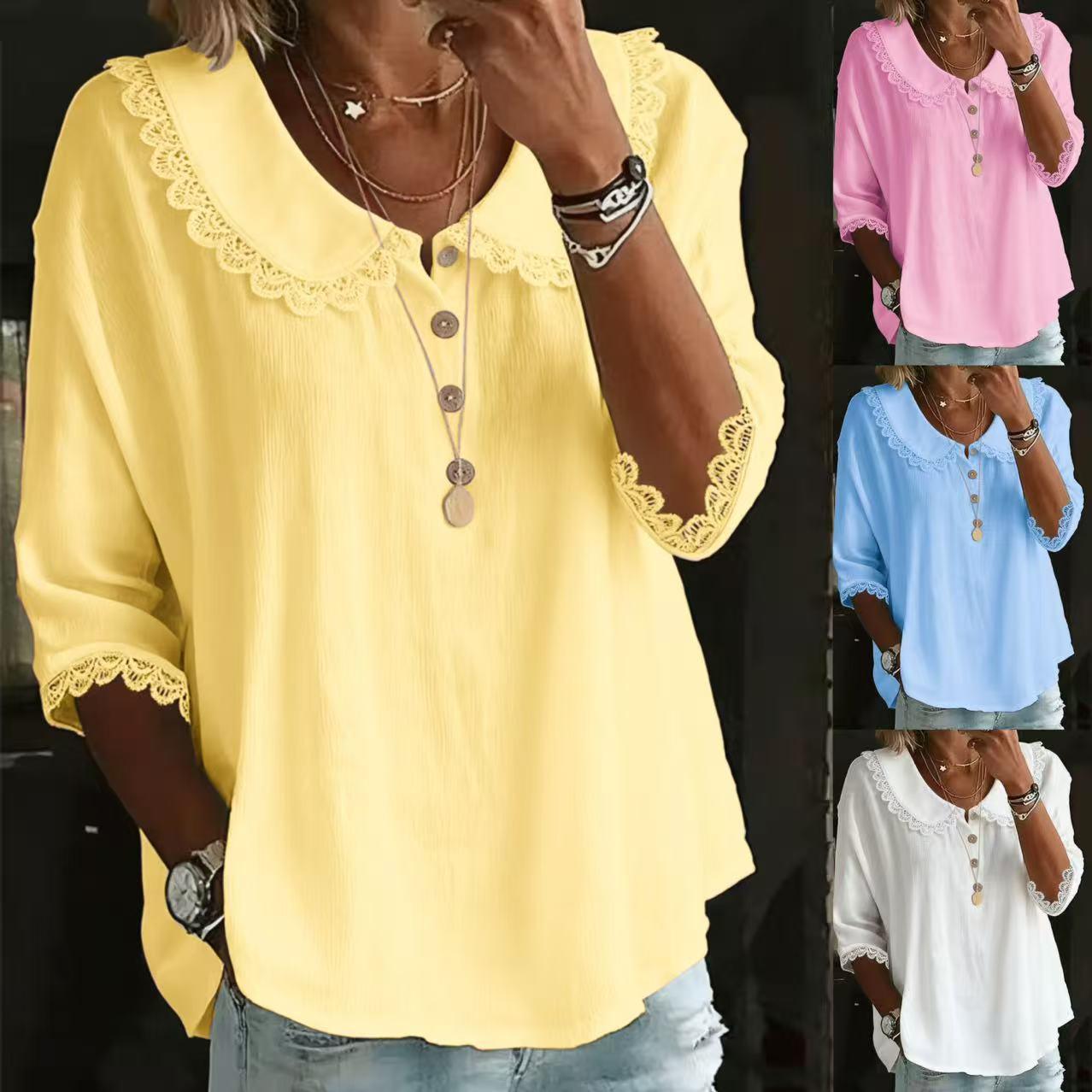 Women’s Lace Collar Button-Up T-Shirt – Casual Longline Solid Color Top women-tshirt AllTrendMart