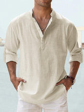 Men’s Cotton Linen Long Sleeve Shirt – Casual Stand Collar Loose Fit Top men-tshirt AllTrendMart Beige XS