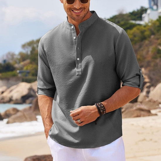 Men’s Stand Collar Long Sleeve Shirt – Casual Loose Fit Solid Color Top men-tshirt AllTrendMart