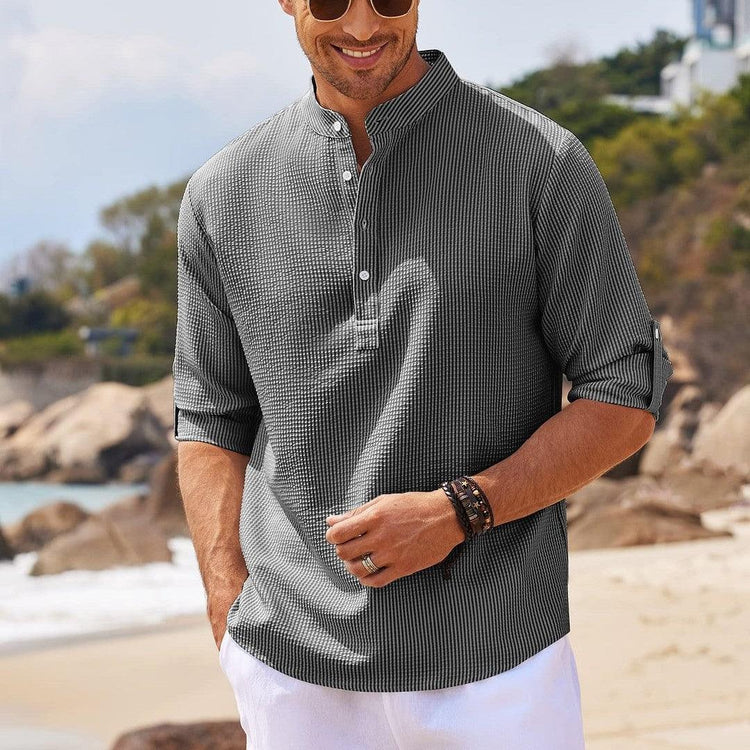 Men’s Stand Collar Long Sleeve Shirt – Casual Loose Fit Solid Color Top men-tshirt AllTrendMart