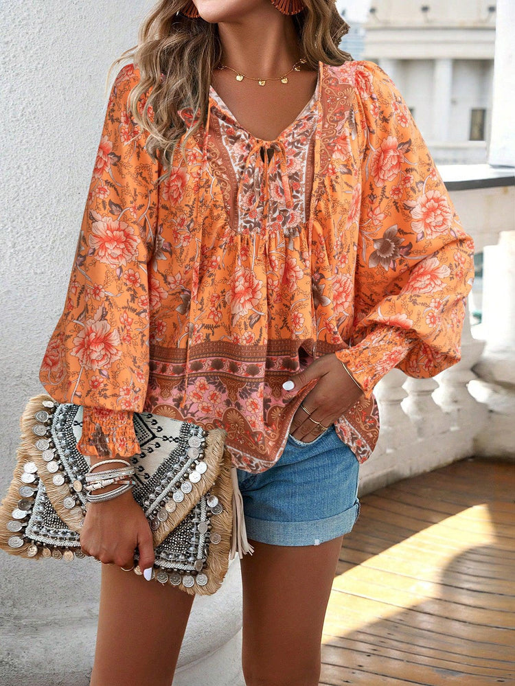 Women’s Printed V-Neck Long Sleeve T-Shirt – Casual Soft Tee women-tshirt AllTrendMart Orange S