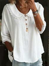 Women’s Lace Collar Button-Up T-Shirt – Casual Longline Solid Color Top women-tshirt AllTrendMart White S