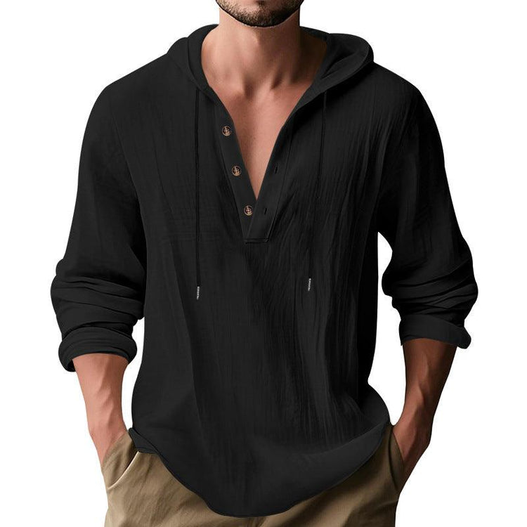 Men’s Hooded Long Sleeve T-Shirt – Lightweight Linen Casual Hoodie men-tshirt AllTrendMart Black S