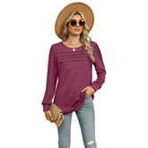 Women’s Pleated Long Sleeve Top – U-Neck Casual Solid Color T-Shirt women-tshirt AllTrendMart Wine Red S