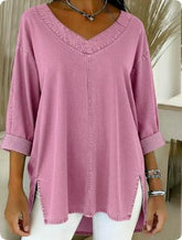 Women’s Denim-Look V-Neck Long Sleeve T-Shirt – Casual Soft Top women-tshirt AllTrendMart Pink S
