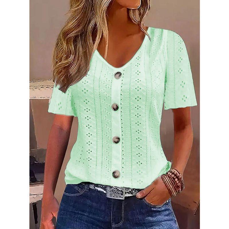 Women’s Jacquard V-Neck Button T-Shirt – Short Sleeve Casual Top women-tshirt AllTrendMart Fluorescent Green S