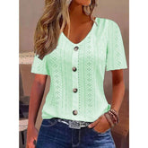 Women’s Jacquard V-Neck Button T-Shirt – Short Sleeve Casual Top women-tshirt AllTrendMart Fluorescent Green S