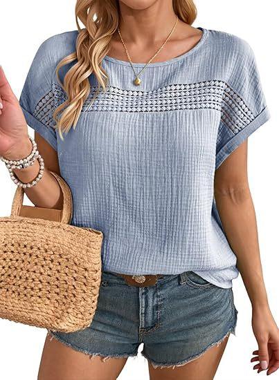 Women’s Hollow-Out Cotton T-Shirt – Casual Embossed Short Sleeve Top women-tshirt AllTrendMart Sky Blue S
