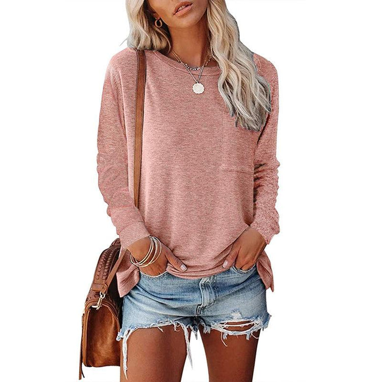 Women’s Long Sleeve Pocket T-Shirt – Cotton Blend Casual Split Hem Top women-tshirt AllTrendMart Pink S