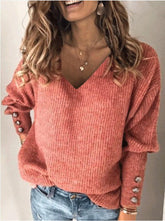 Women’s Cotton V-Neck Long Sleeve T-Shirt – Loose Fit Casual Top women-tshirt AllTrendMart Coral S