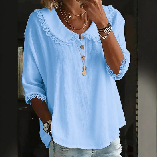 Women’s Lace Collar Button-Up T-Shirt – Casual Longline Solid Color Top women-tshirt AllTrendMart