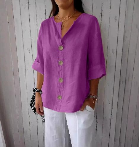 Women’s V-Neck Button T-Shirt – Loose Fit Long Sleeve Casual Top women-tshirt AllTrendMart