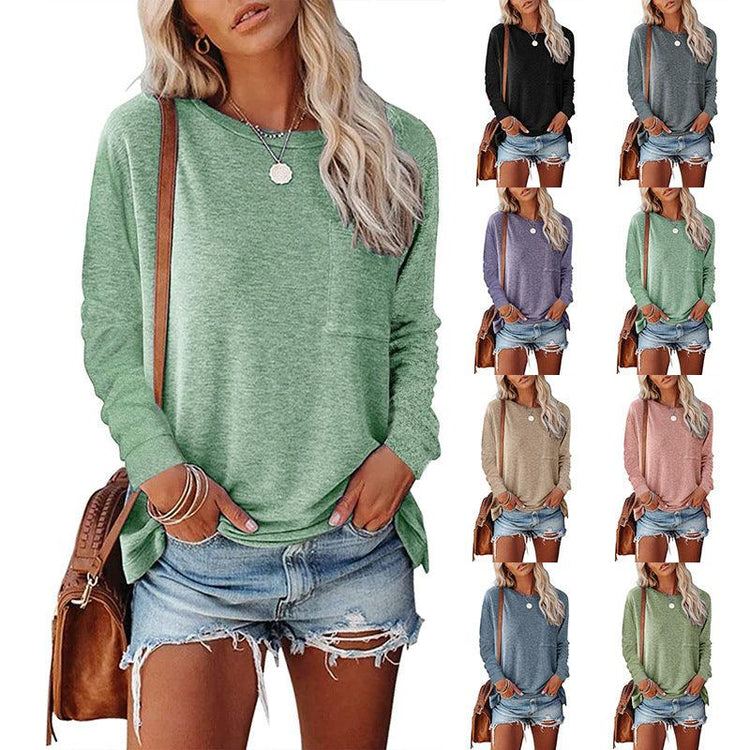 Women’s Long Sleeve Pocket T-Shirt – Cotton Blend Casual Split Hem Top women-tshirt AllTrendMart