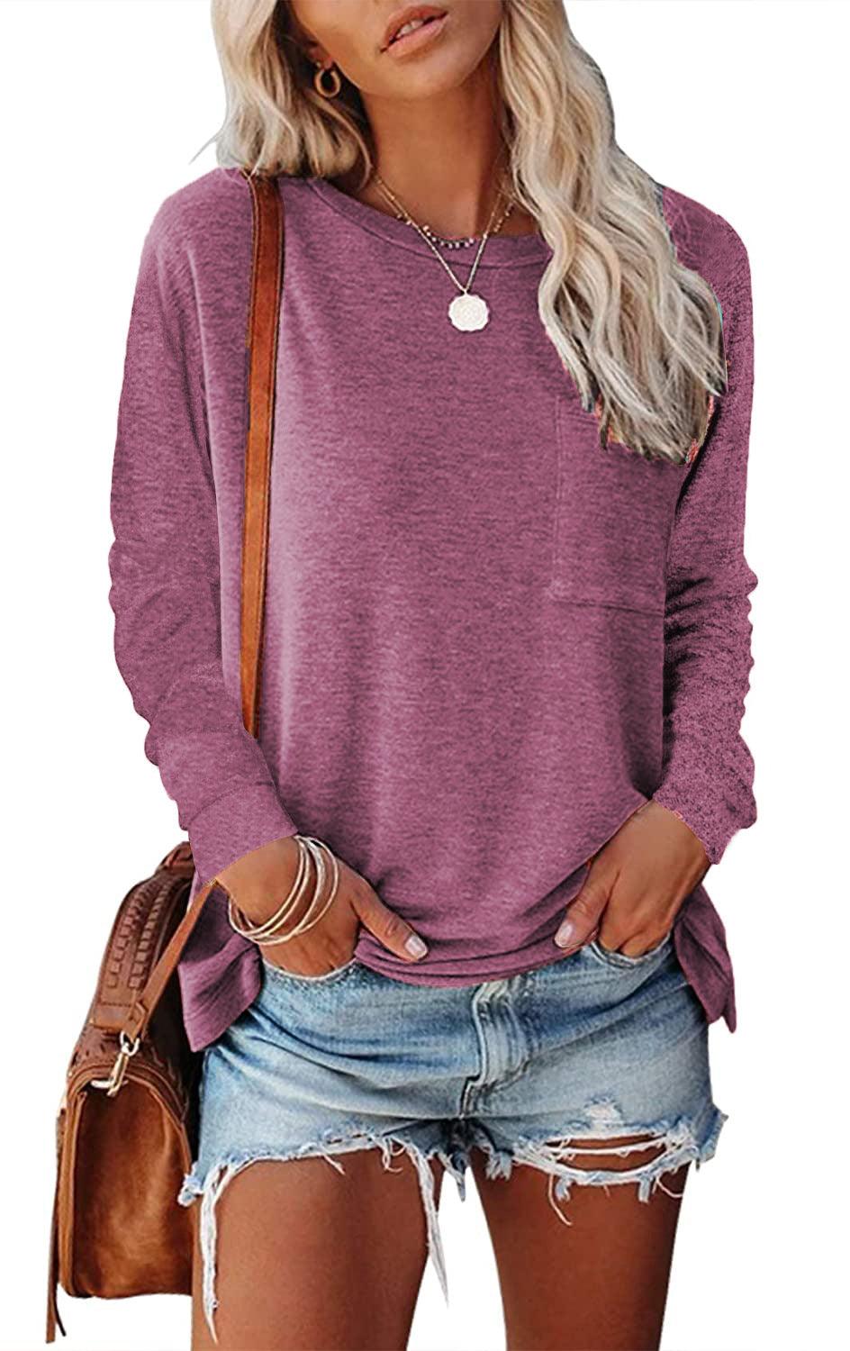 Women’s Long Sleeve Pocket T-Shirt – Cotton Blend Casual Split Hem Top women-tshirt AllTrendMart Fuchsia S