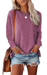 Women’s Long Sleeve Pocket T-Shirt – Cotton Blend Casual Split Hem Top women-tshirt AllTrendMart Fuchsia S