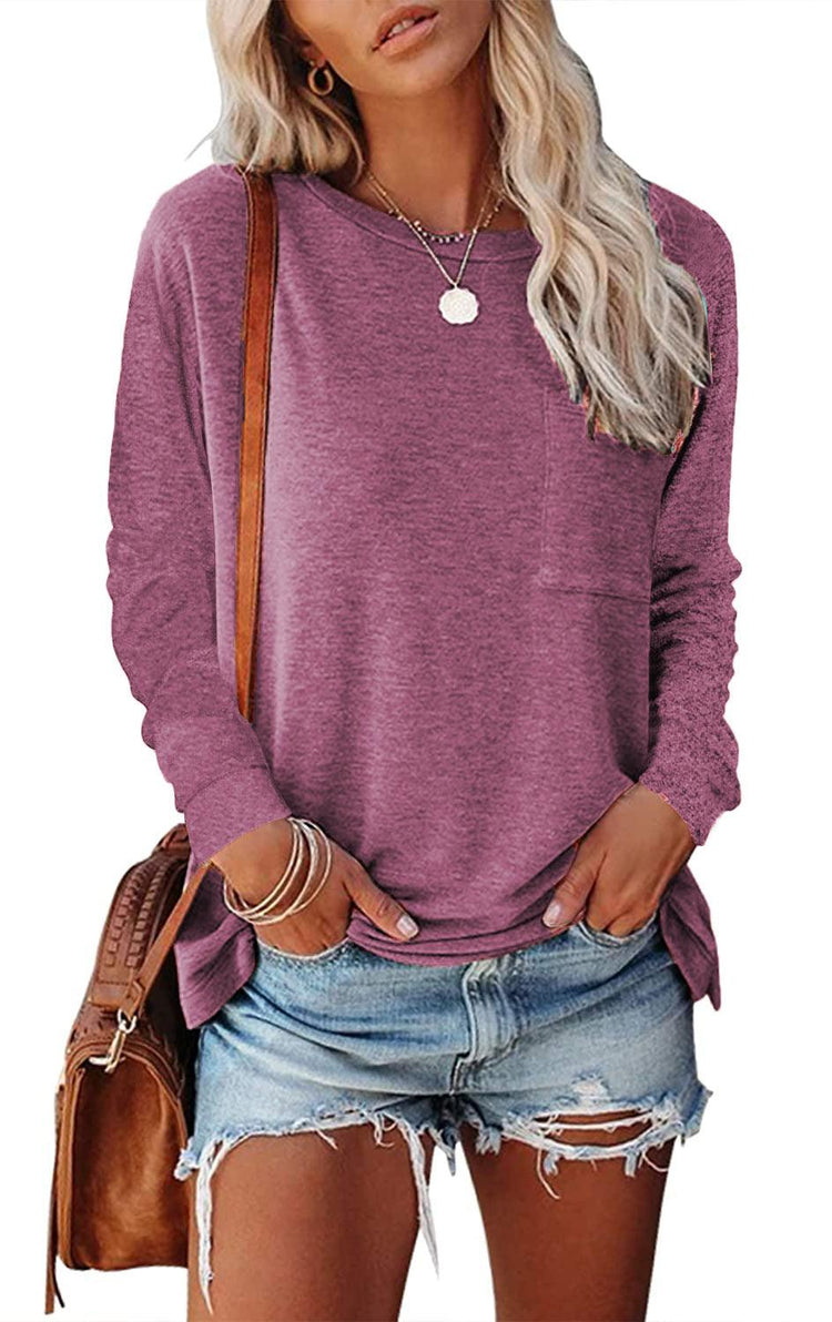 Women’s Long Sleeve Pocket T-Shirt – Cotton Blend Casual Split Hem Top women-tshirt AllTrendMart Fuchsia S