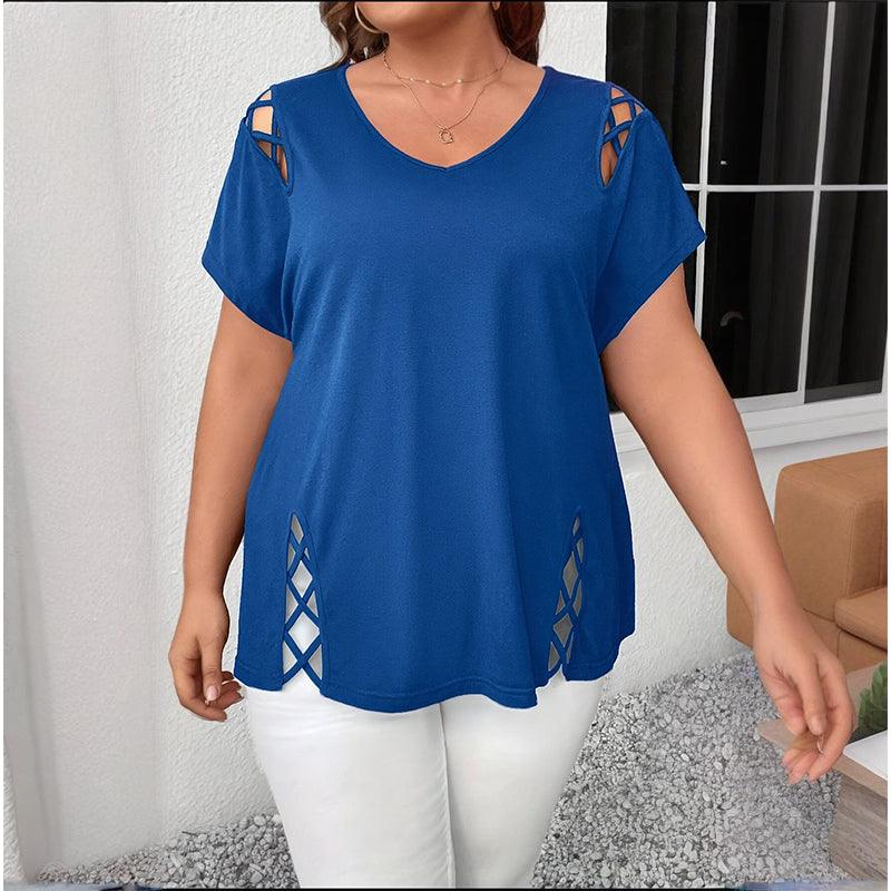 Women’s Plus Size Criss Cross V-Neck T-Shirt – Short Sleeve Casual Top women-tshirt AllTrendMart Blue 1XL