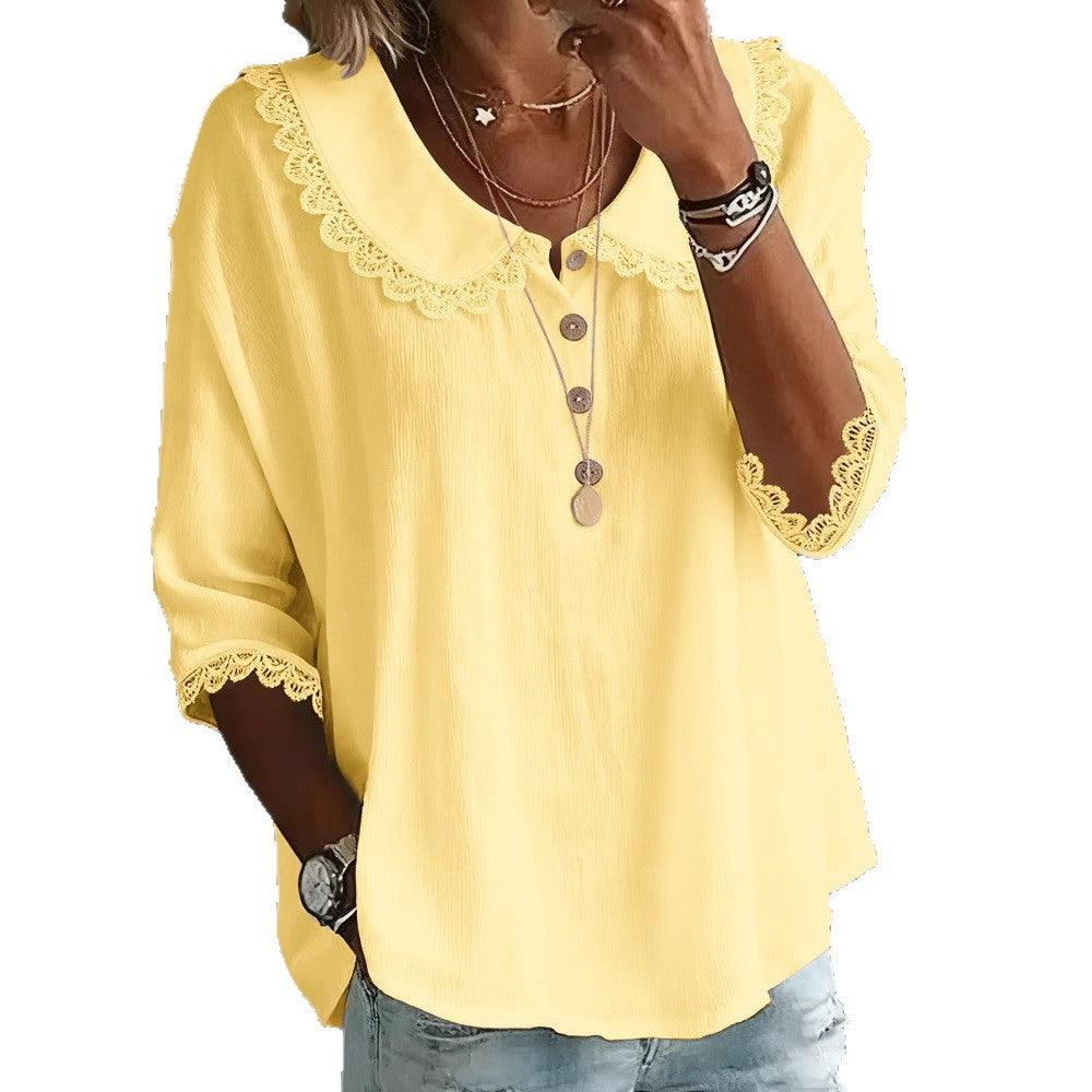 Women’s Lace Collar Button-Up T-Shirt – Casual Longline Solid Color Top women-tshirt AllTrendMart