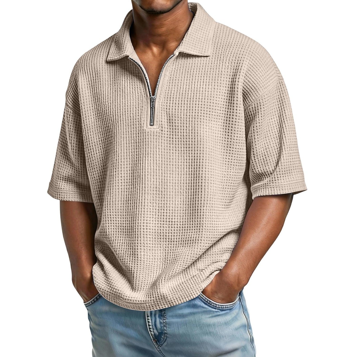 Men’s Waffle Knit Polo T-Shirt – Short Sleeve Breathable Summer Tee men-tshirt AllTrendMart Khaki S