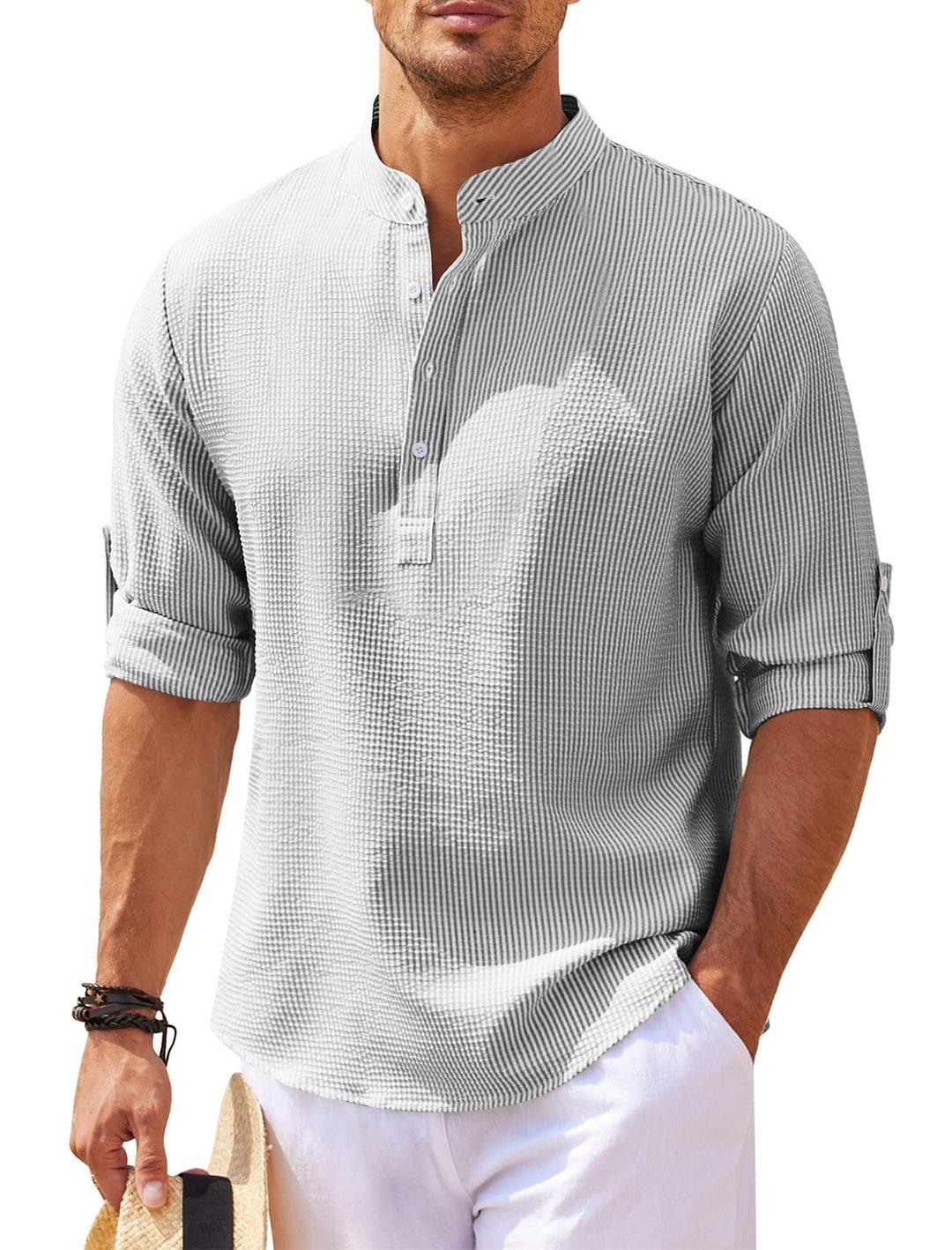 Men’s Stand Collar Long Sleeve Shirt – Casual Loose Fit Solid Color Top men-tshirt AllTrendMart Light Gray S