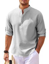 Men’s Stand Collar Long Sleeve Shirt – Casual Loose Fit Solid Color Top men-tshirt AllTrendMart Light Gray S