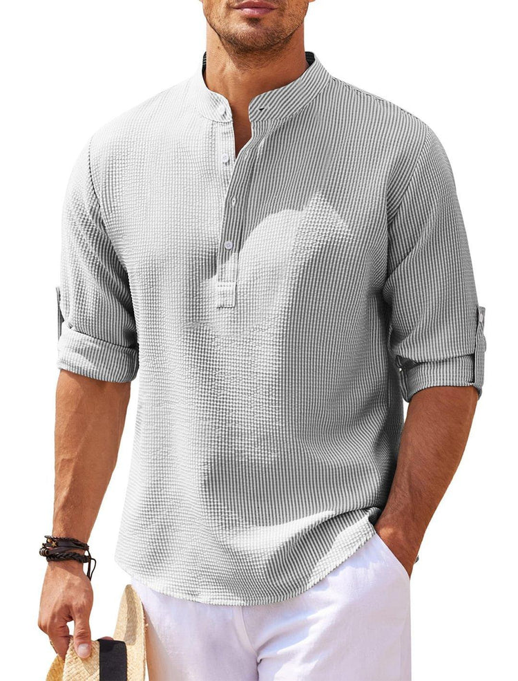 Men’s Stand Collar Long Sleeve Shirt – Casual Loose Fit Solid Color Top men-tshirt AllTrendMart Light Gray S