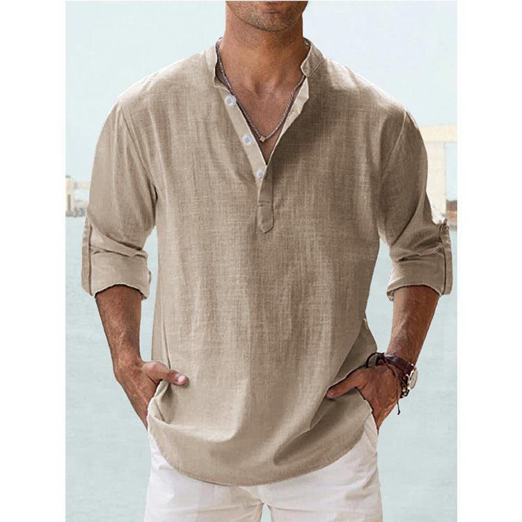 Men’s Cotton Linen Long Sleeve Shirt – Casual Stand Collar Loose Fit Top men-tshirt AllTrendMart