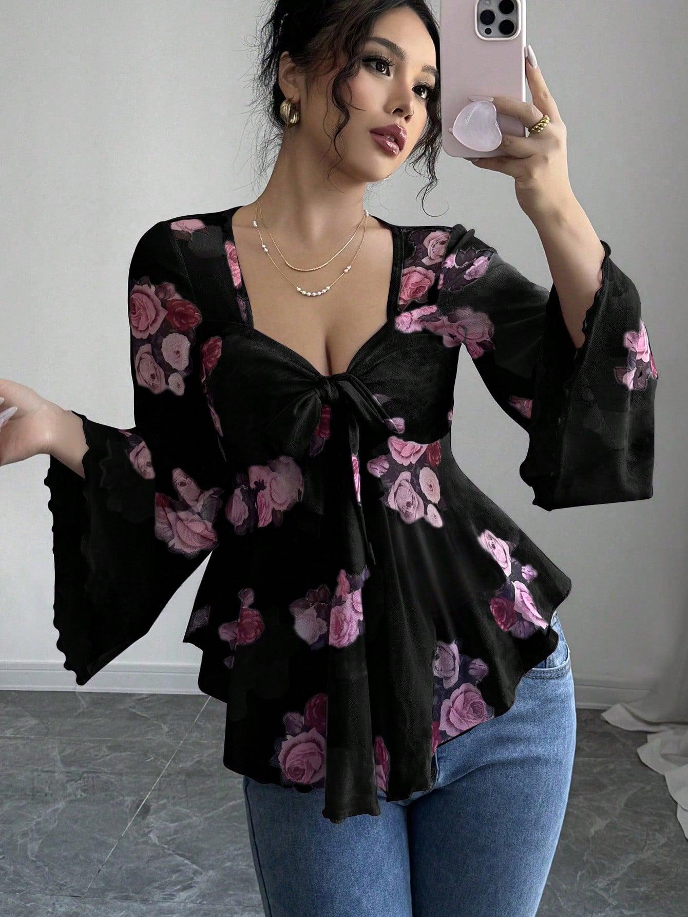 Women’s Floral Lace-Up Square Neck T-Shirt – Long Sleeve Casual Top women-tshirt AllTrendMart Black S