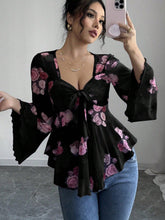 Women’s Floral Lace-Up Square Neck T-Shirt – Long Sleeve Casual Top women-tshirt AllTrendMart Black S