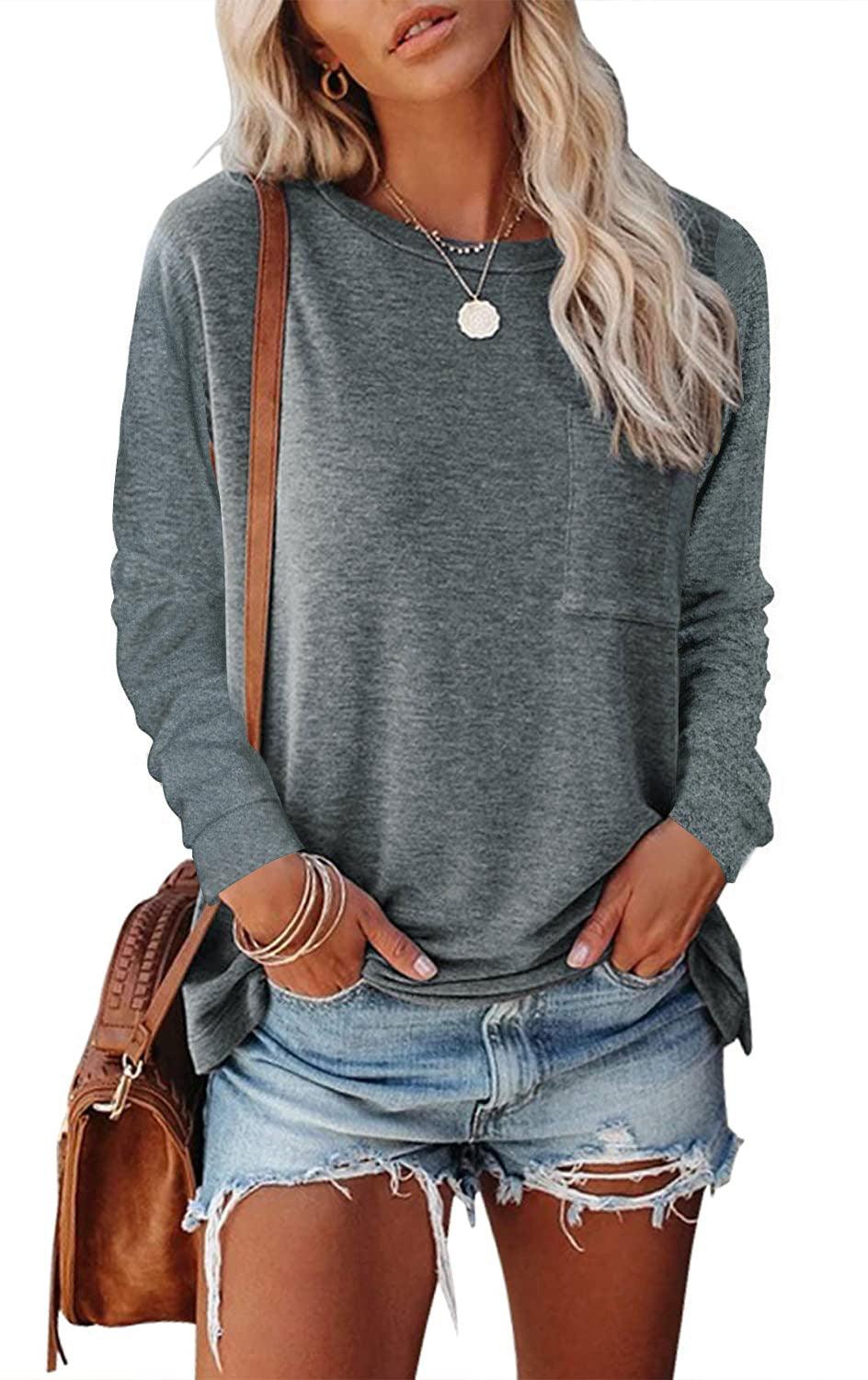Women’s Long Sleeve Pocket T-Shirt – Cotton Blend Casual Split Hem Top women-tshirt AllTrendMart Grey S