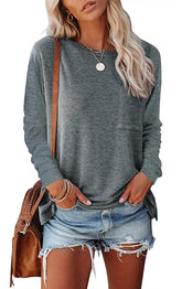 Women’s Long Sleeve Pocket T-Shirt – Cotton Blend Casual Split Hem Top women-tshirt AllTrendMart Grey S