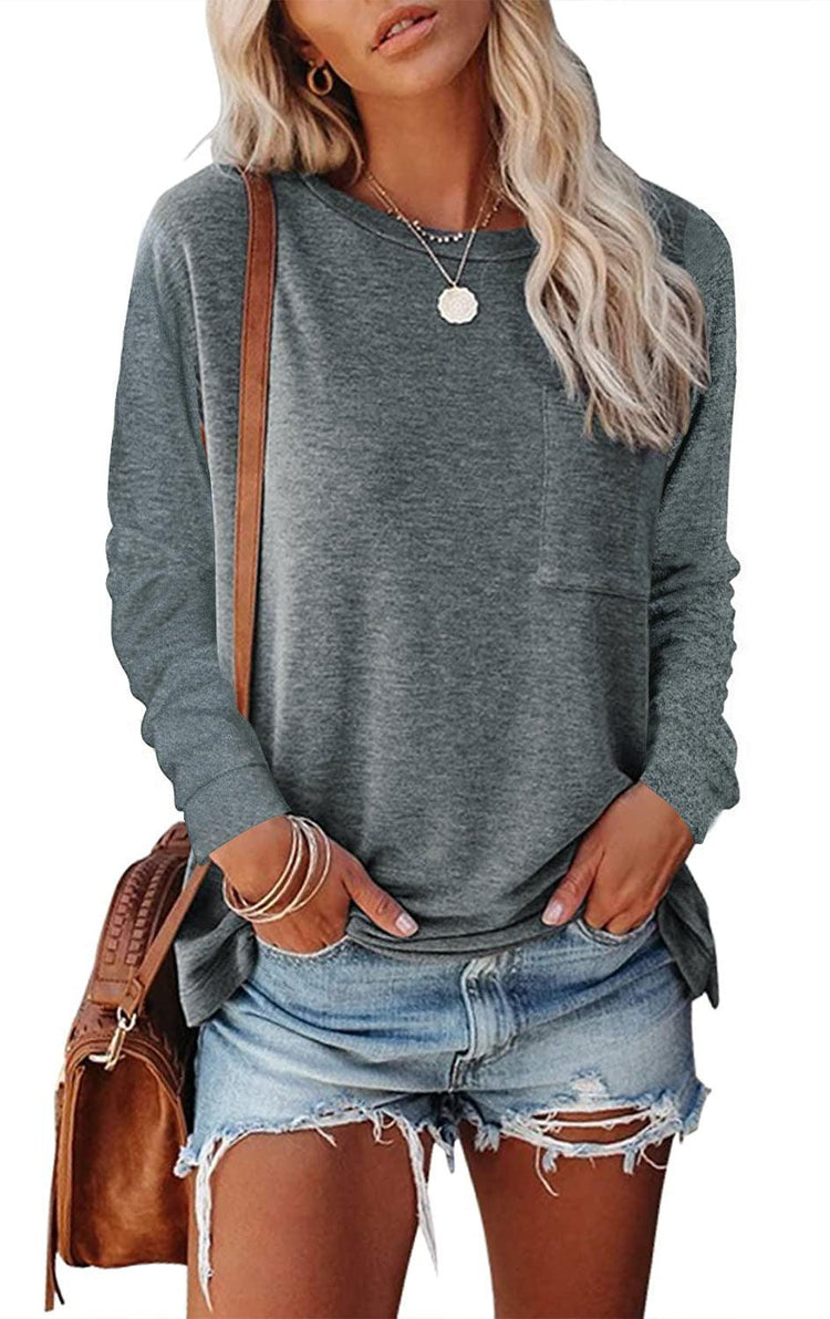 Women’s Long Sleeve Pocket T-Shirt – Cotton Blend Casual Split Hem Top women-tshirt AllTrendMart Grey S