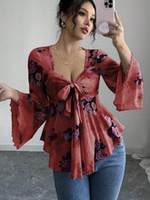Women’s Floral Lace-Up Square Neck T-Shirt – Long Sleeve Casual Top women-tshirt AllTrendMart Red S