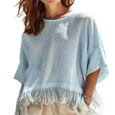 Women’s Tassel Cotton Linen T-Shirt – Loose Fit Batwing Sleeve Casual Top women-tshirt AllTrendMart
