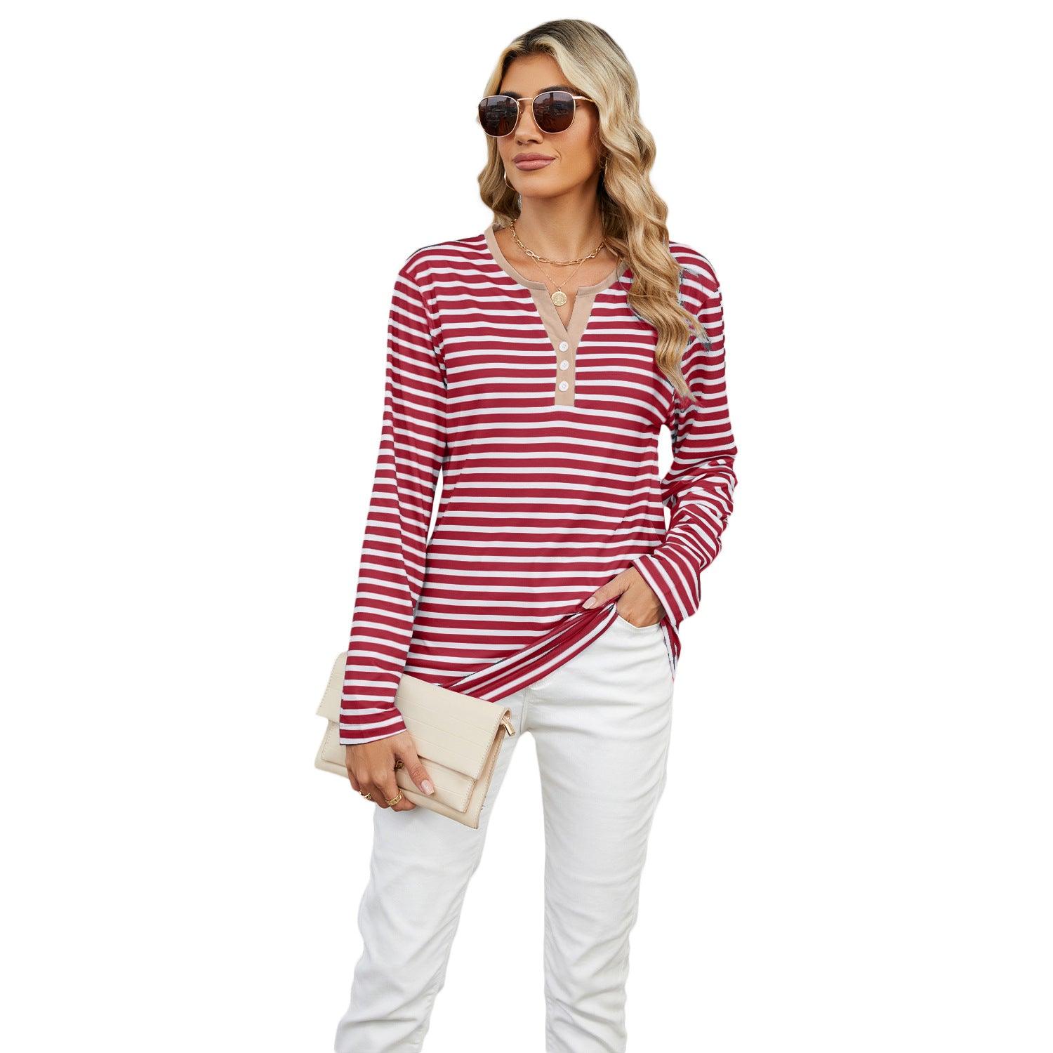 Women’s Striped V-Neck Long Sleeve T-Shirt – Loose Fit Casual Top women-tshirt AllTrendMart White Stripes Red S