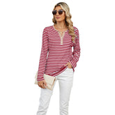 Women’s Striped V-Neck Long Sleeve T-Shirt – Loose Fit Casual Top women-tshirt AllTrendMart White Stripes Red S