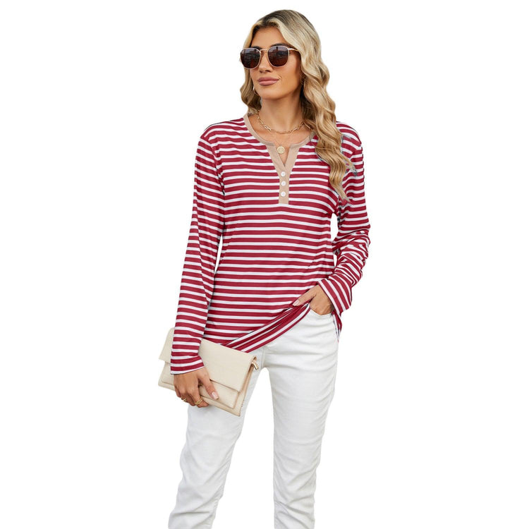 Women’s Striped V-Neck Long Sleeve T-Shirt – Loose Fit Casual Top women-tshirt AllTrendMart White Stripes Red S